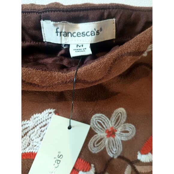NWT Francesca's Embroidered Floral Suede Poly Mini Size Med Skirt Brown Orange - Picture 3 of 10